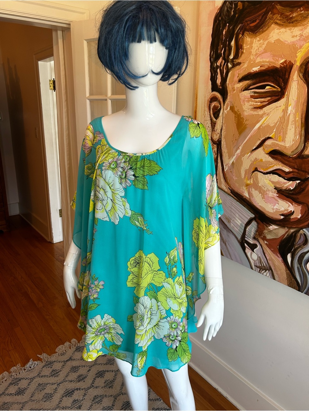 Teal Floral Kaftan Mini Dress